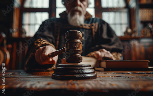 Symbol of law and justice - wooden gavel in courtroom