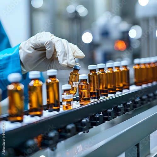 Pharmacist scientist examining medical vials on a production line conveyor belt in a pharmaceutical factory.