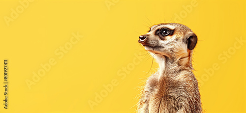 A small brown and white animal with a long tail stands on a yellow background. animal has a curious expression on its face. meerkat stands and looks into the distance against a solid yellow background