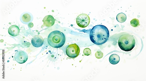 A watercolor of Microscopic plankton blooms, foundational to the ocean food chain, in abstract colors on white background