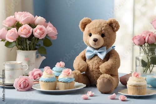 A whimsical scene unfolds as a charming teddy bear, adorned with a dainty blue bow tie, takes a seat at a table adorned with delicate pastel roses and delectable cupcakes.