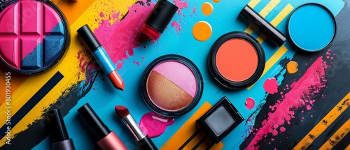 Artistic layout of various makeup items like bright lipsticks and eye shadows, spread on an abstract background to showcase their vivid colors and textures,