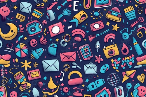 A playful and colorful doodle pattern with trendy icons and symbols for a fun background