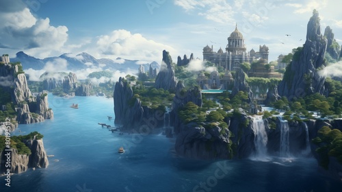 Fantasy city landscape, cliffs and waterfalls, Atlantis, white stone, coastal water island civilization.