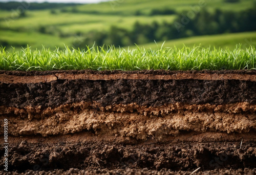 Underground soil layer of cross section earth, erosion ground with grass on top