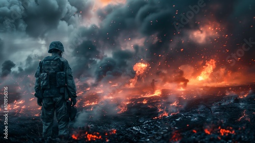 A soldier stands and looks at the burning ruins