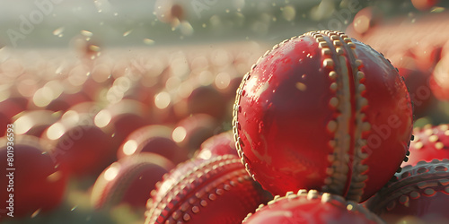 Cricket tournament header, Traditional red color cricket ball isolated on green field generative ai