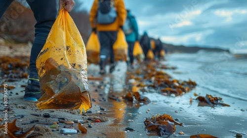 Volunteers Cleaning Litter from Wet Sand Beach Generative AI