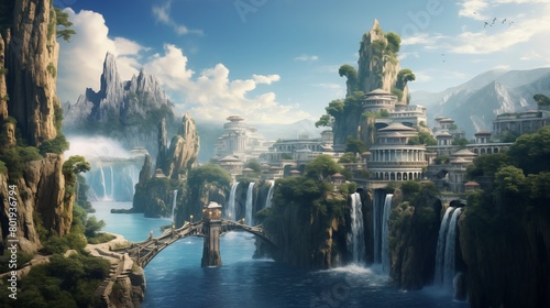 Fantasy city landscape, cliffs and waterfalls, Atlantis, white stone, coastal water island civilization.