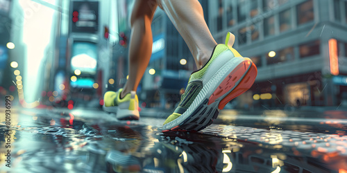 Cropped image of athlete runner runs on road, photographhed in motion, wears comfortable sneakers, takes part in maraphone. Focus on foot. Sportsman leads healthy lifestyle, covers destination 