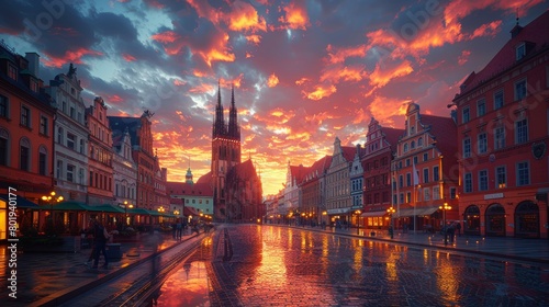 Vivid sunset colors illuminate the sky above Wroclaw Market Square, highlighting Gothic architecture and wet cobblestone streets after rain.