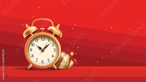 Vintage alarm clock with Christmas decor on red background