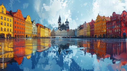 Colors dominate this morning view of Wroclaw Market Square, showcasing detailed reflections and the historic architecture of the city.