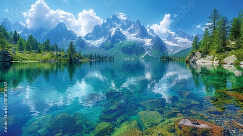 Lac Blanc Lake in summer. Vibrant blue waters mirror the majestic snowy peaks and lush greenery under a clear sky.