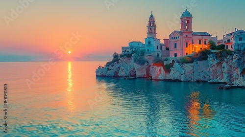 Striking image captures a tranquil sunset over Vieste, Italy, showcasing glowing waterfront buildings and serene sea.