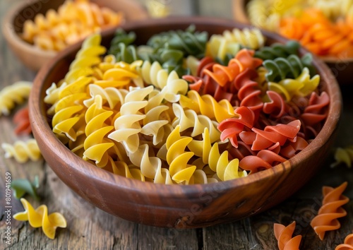 Colorful Fusilli Pasta in Wooden Bowl on Rustic Table, Healthy Italian Food Concept