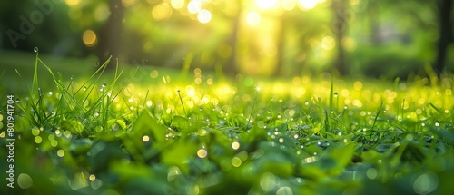 Sunlight Glistening on Dewy Green Grass at Sunrise Nature Background