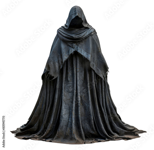 Enigmatic dark cloaked figure with ancient aura, cut out - stock png.