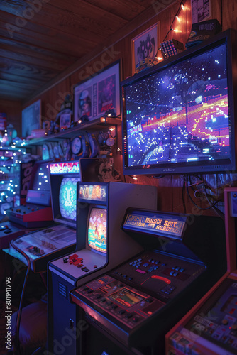 Retro gaming night, vintage consoles, pixel art on screens, nostalgic, side view, fun throwback digital party atmosphere