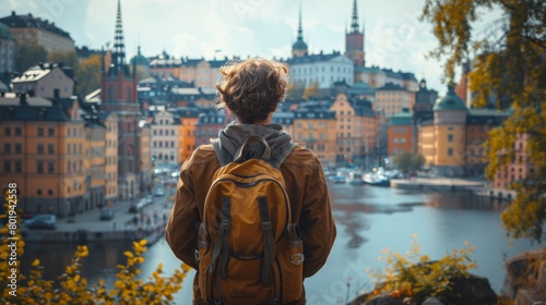 Young man with a backpack enjoys a scenic view of Stockholm's vibrant building and waterways from a high vantage point in Gamla Stan.