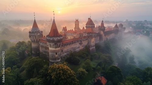 Aerial view of Hunyad Castle in a breathtaking misty morning. The sunrise illuminates the historic walls and spires, creating a fairy-tale like scenery in Transylvania.