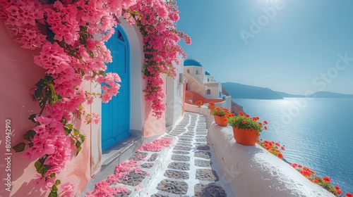 Beauty of Santorini in the morning. This vibrant image showcases blue doors, bright pink flowers, and iconic whitewashed buildings.