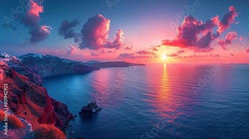 Captivating panoramic view of Santorini Island at sunrise featuring majestic clouds and a serene sea bathed in sunlight.