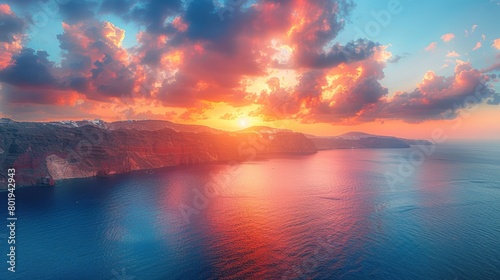 Sunrise in Santorini, featuring vibrant sky colors, serene sea views, and the iconic island cliffs during a calm morning.