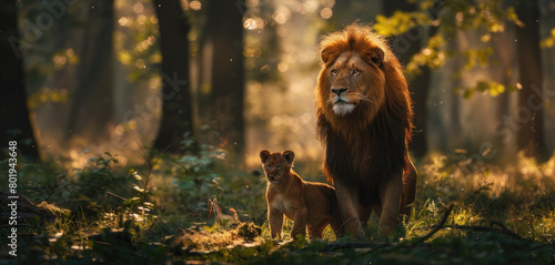 Portrait of a lion and his cub standing in a misty forest under the morning sun