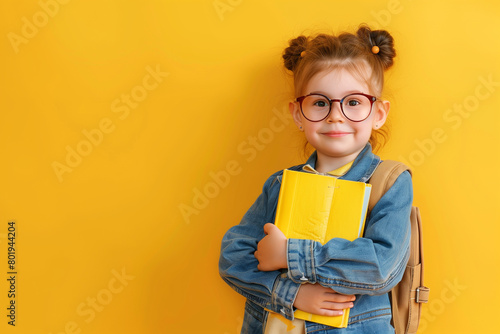  Portrait of a cute little kid girl on a yellow background. Child schoolgirl looking at the camera, holding a book and straightens glasses