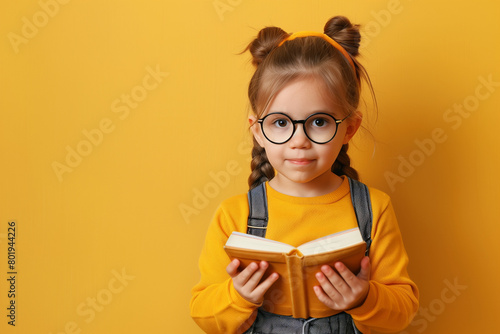  Portrait of a cute little kid girl on a yellow background. Child schoolgirl looking at the camera, holding a book and straightens glasses