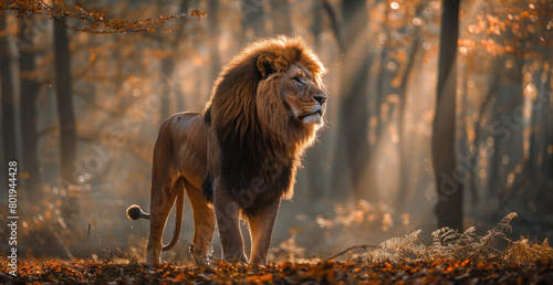 Portrait of a lion standing in the middle of a misty forest under the sunlight in the morning