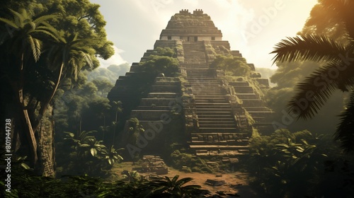 Mayan pyramid in jungle forest illustration, ancient civilization stone temple view, old archeology.