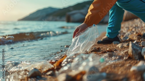 Detailed view of a person cleaning the coastline. Focusing on eliminating plastic waste