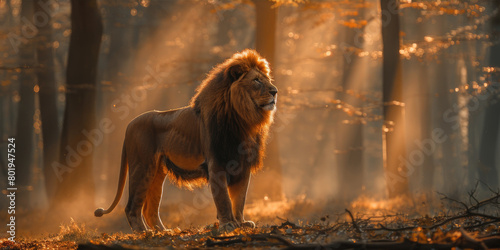 Portrait of a lion standing in the middle of a misty forest under the sunlight in the morning