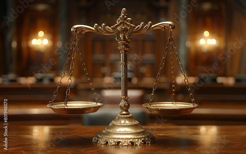 Hyper-realistic close-up of golden scales of justice with a slight tilt, set against a backdrop of a grand courtroom, symbolizing the delicate balance of the legal system