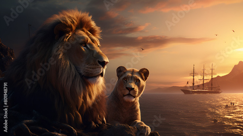 Lion, Couple, Mountains, Sunset, Ship, Cat, Animal