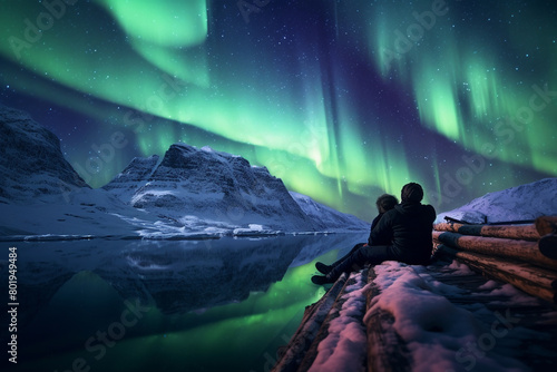 Person witnessing the majestic Northern Lights reflecting on a tranquil, icy lake
