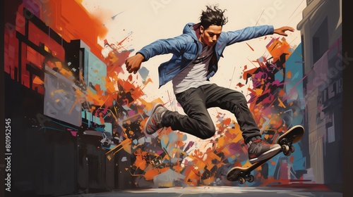 An urban scene with a skateboarder performing a jump framed against a graffiticovered backdrop showcasing freedom of expression and urban culture