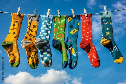 a playful display of colorful socks with various patterns hanging on a clothesline against a vivid blue sky