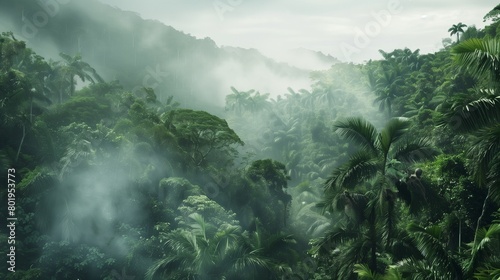 A dense, misty rainforest alive with the chatter of monkeys and the calls of tropical birds, highlighting the urgency of protecting biodiversity on Environment Day. 
