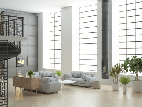 Luksusowy minimalistyczny loft salon apartament z wysokim sufitem dużymi oknami kominkiem i szarymi sofami