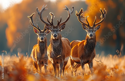 Three deer trot across an autumn field in a close-up morning scene