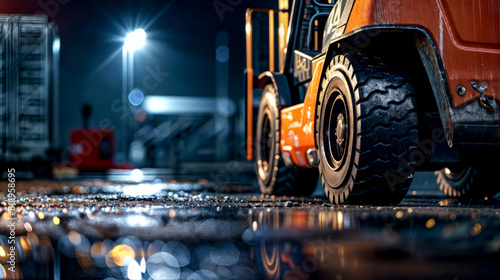 Close up of construction vehicle on wet surface with street light in the background. Generative AI