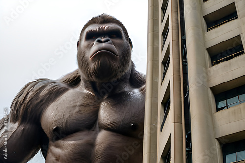 A King Kong is standing tall near a building