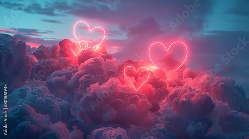 Floating neon hearts in a soft, cloudy sky, symbolizing love blending with the ethereal beauty of the clouds