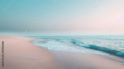 Beach scene at sunrise, waves lapping onto the smooth and undisturbed sandy shore, blue sky blending into the sea.