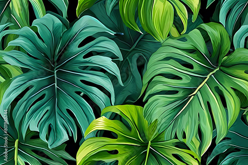 WatercolorThe lush green background is filled with various tropical leaves.
