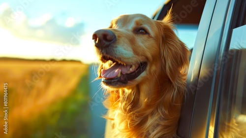 A playful golden retriever puppy excitedly sitting in a car and looking outside a window. Generative ai illustration.