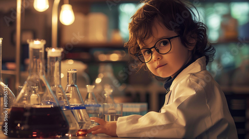 portrait of a 4-year-old boy with glasses on the background of a laboratory. The concept of preschool education. Science ads for the youngest children